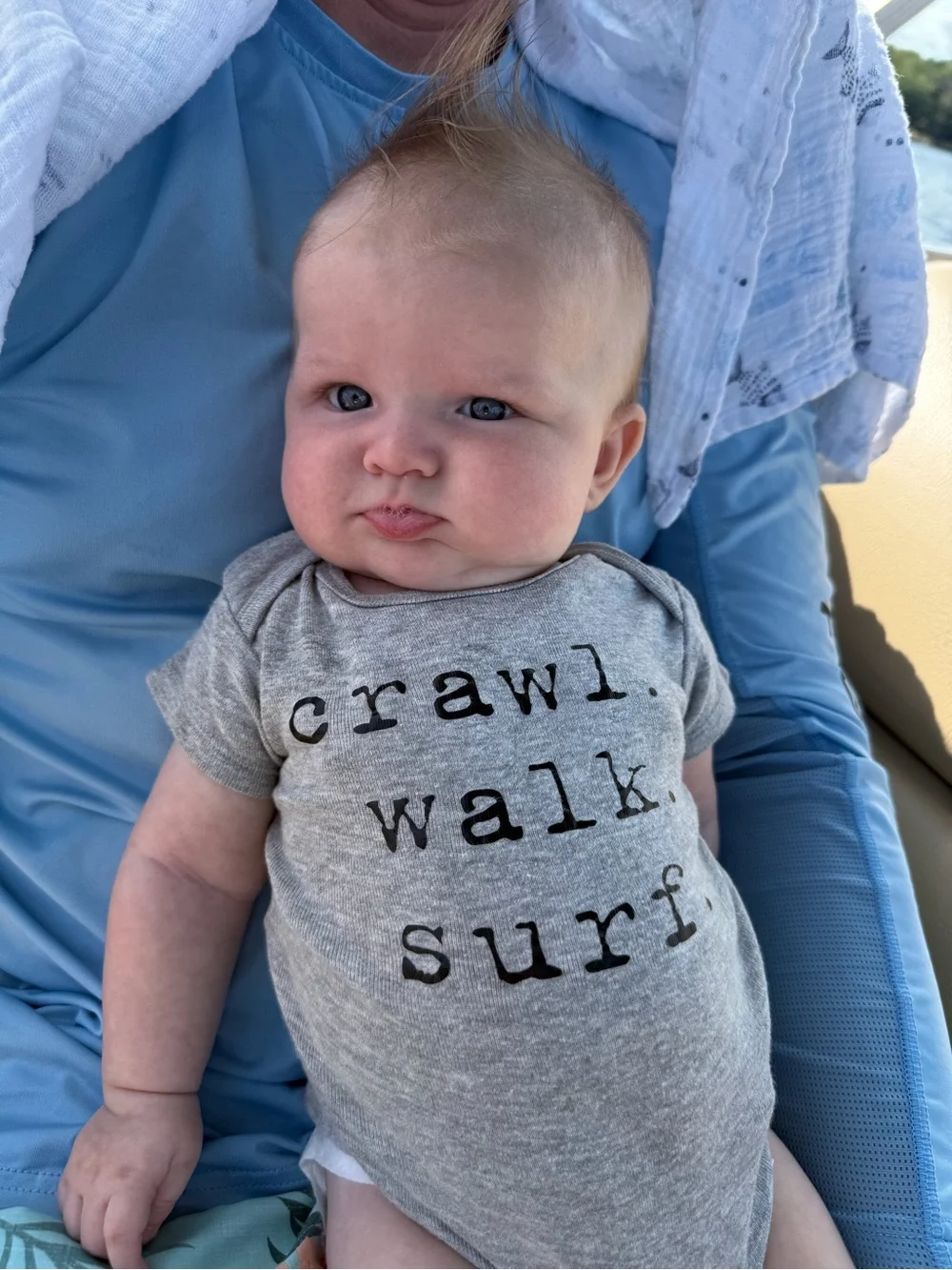 Gray Baby Onesie with 'crawl. walk. surf.' Text